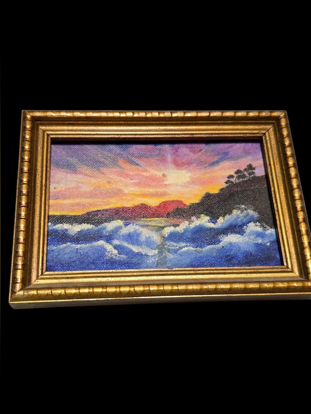 Vintage | Sunset Seascape Framed Canvas Wall Art - Blue, Pink & Gold